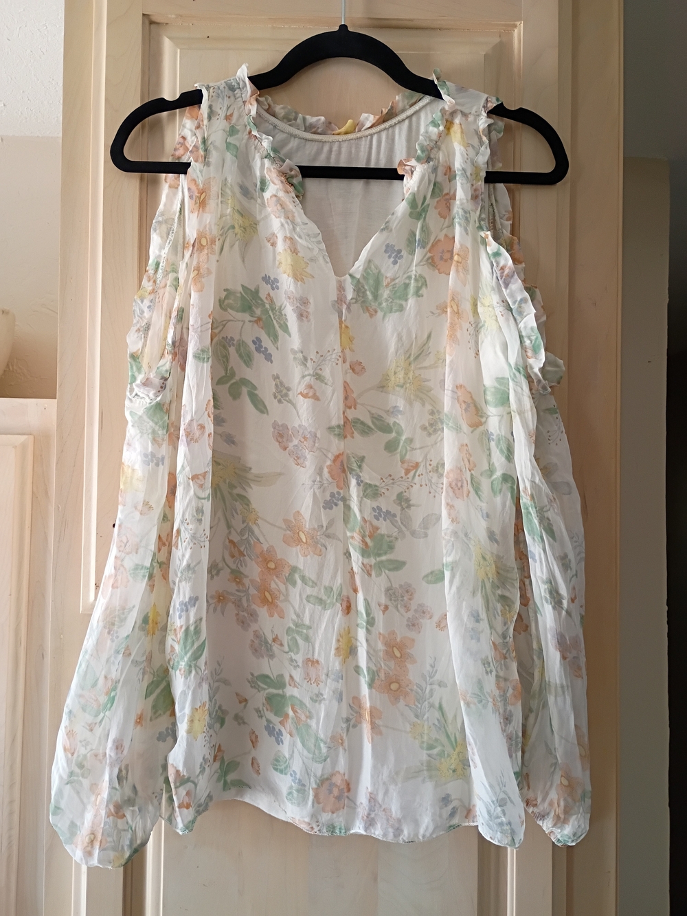 Cold-Shoulder Floral Ruffle Blouse - White with Pastel Floral